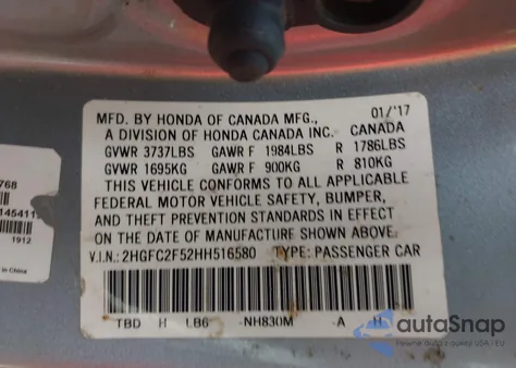 2017 Honda Civic Lx from USA, damaged, VIN 2HGFC2F52HH516580